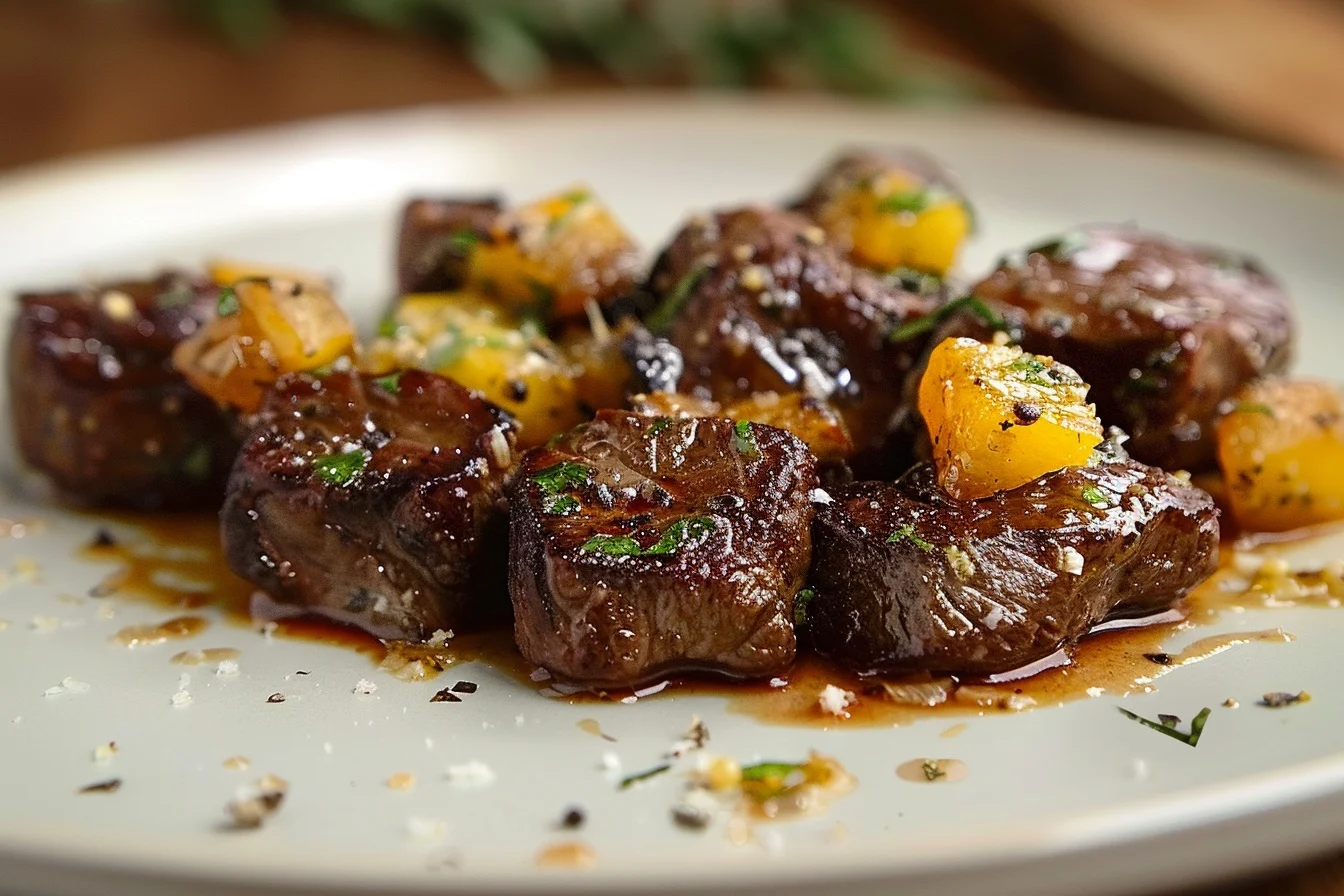 Juicy steak bites sizzling in garlic butter with herbs on a wooden cutting board