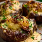 Delicious steak stuffed potatoes topped with melted parmesan cheese and herbs on a wooden cutting board