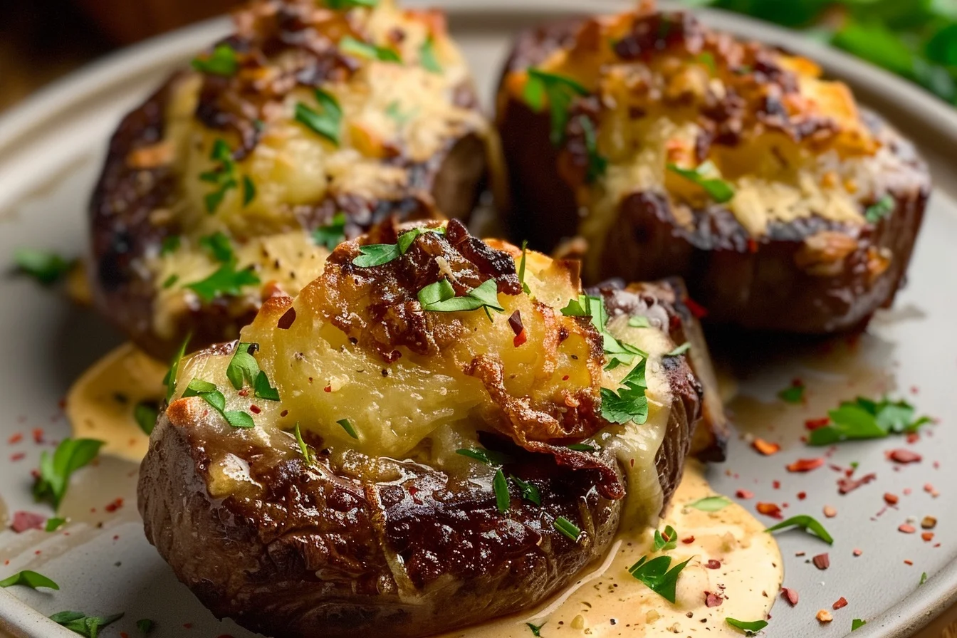 Delicious steak stuffed potatoes topped with melted parmesan cheese and herbs on a wooden cutting board