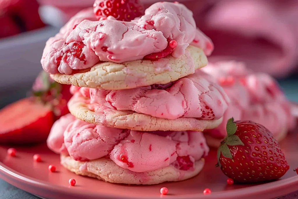 A plate of freshly baked strawberry cake mix cookies topped with powdered sugar and fresh strawberries