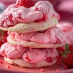A plate of freshly baked strawberry cake mix cookies topped with powdered sugar and fresh strawberries