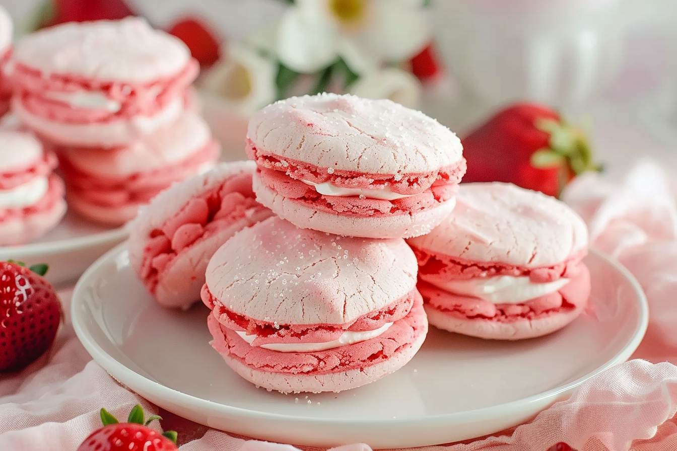 A plate of freshly baked strawberry cake mix cookies topped with powdered sugar and fresh strawberries