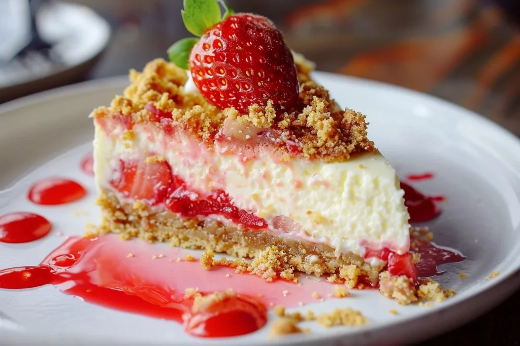 A beautifully layered strawberry crunch cheesecake topped with fresh strawberries and a crunchy crumble.