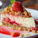 A beautifully layered strawberry crunch cheesecake topped with fresh strawberries and a crunchy crumble.