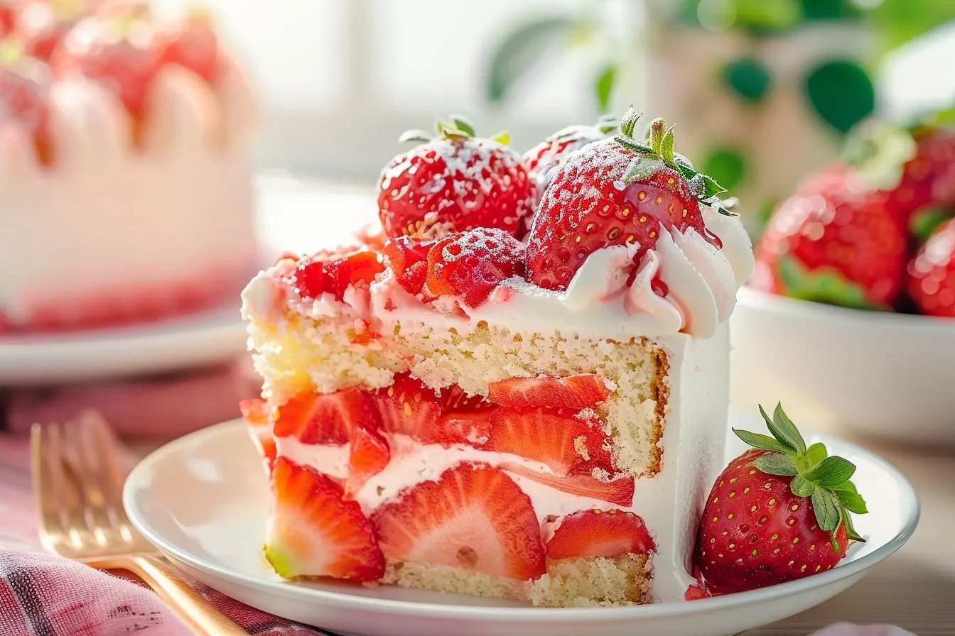 A delicious strawberry poke cake topped with whipped cream and fresh strawberries