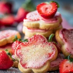 A plate of freshly baked strawberry shortbread cookies garnished with fresh strawberries and mint leaves