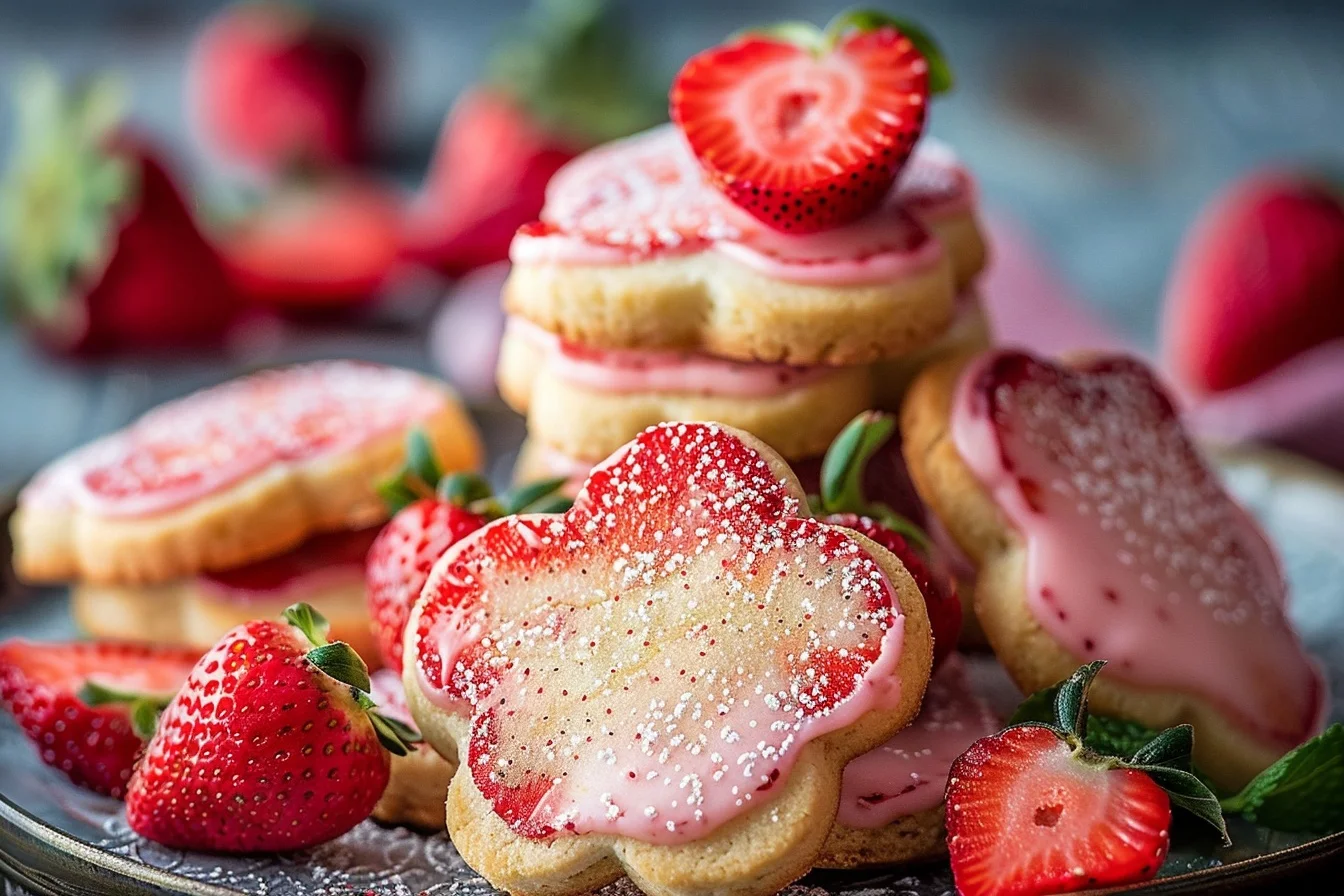 A plate of freshly baked strawberry shortbread cookies garnished with fresh strawberries and mint leaves