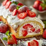 A beautifully rolled strawberry shortcake cake roll with fresh strawberries and whipped cream on top