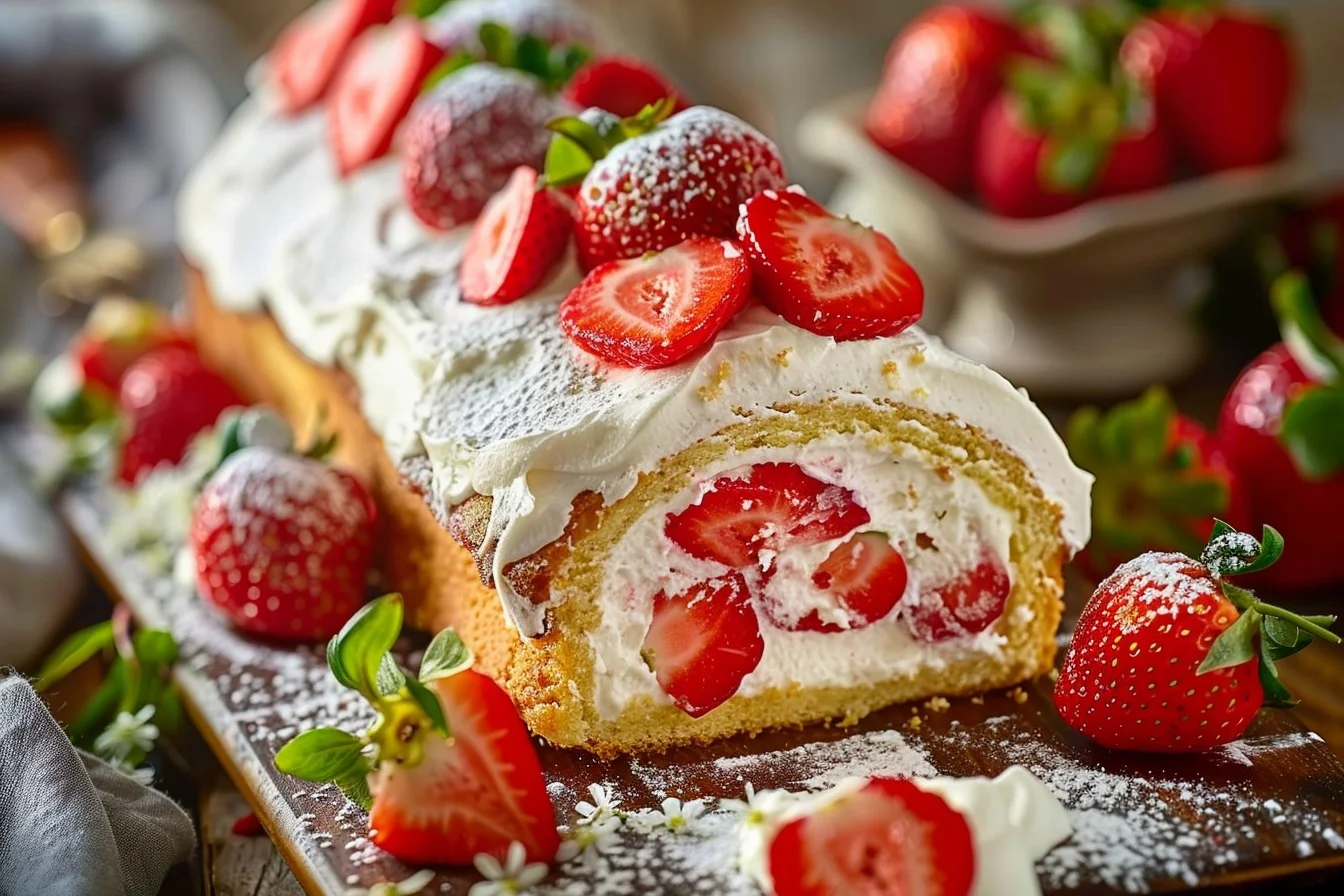A beautifully rolled strawberry shortcake cake roll with fresh strawberries and whipped cream on top