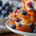 Freshly baked sugar free blueberry muffins on a white plate with blueberries scattered around
