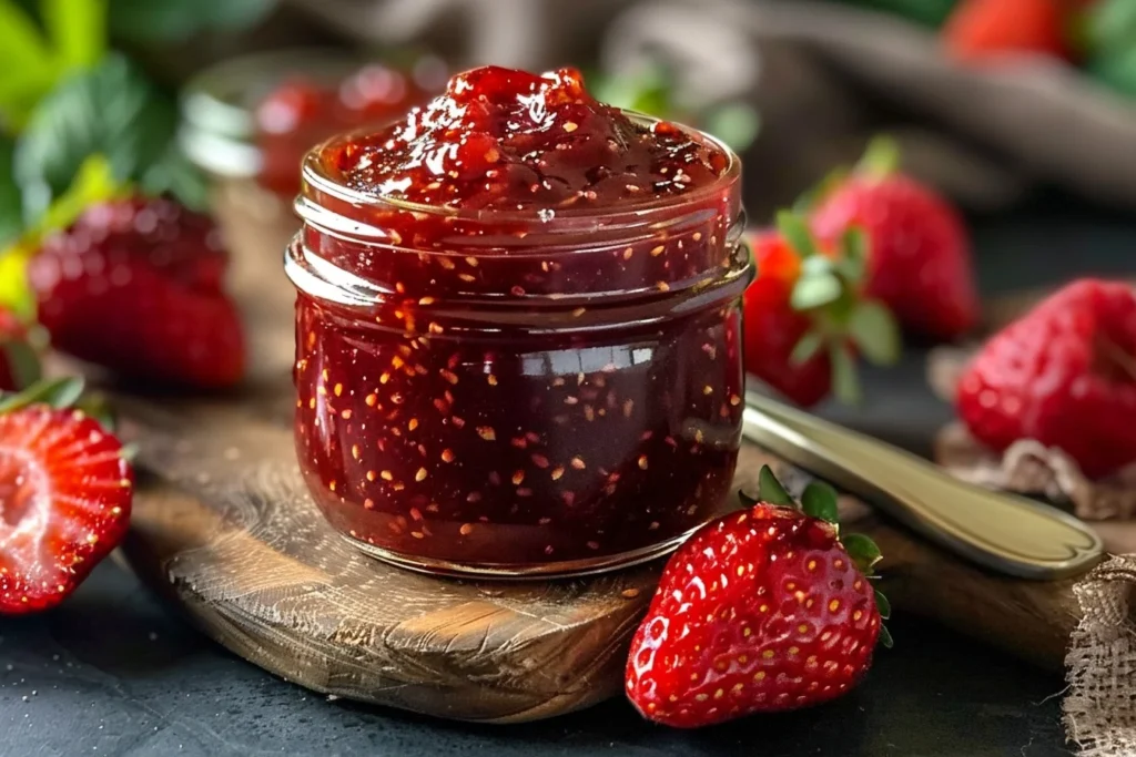 A jar of homemade sugar free strawberry jam with fresh strawberries and mint leaves around it