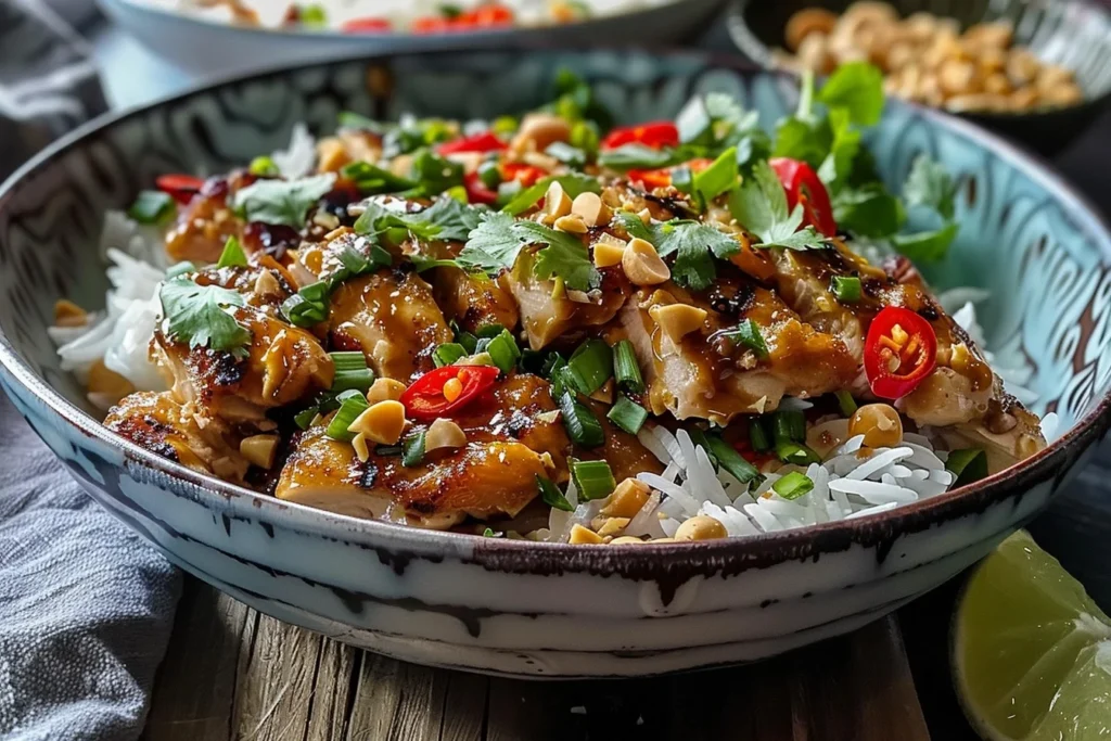 A beautifully plated dish of Thai peanut chicken with colorful vegetables and garnishes