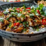 A beautifully plated dish of Thai peanut chicken with colorful vegetables and garnishes