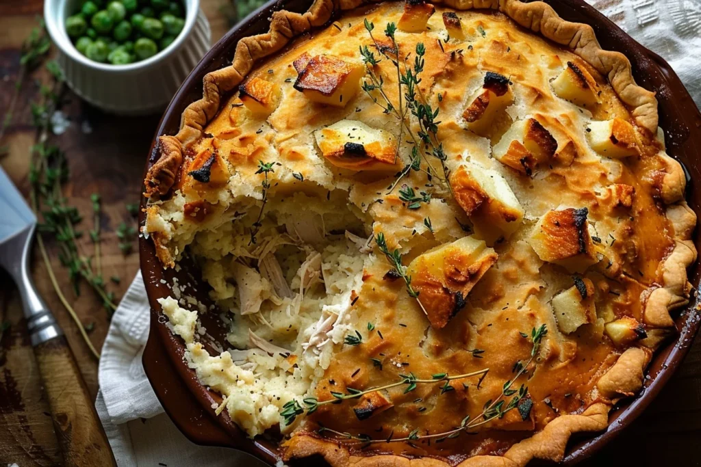 A delicious turkey mashed potato pie topped with golden-brown mashed potatoes and garnished with parsley
