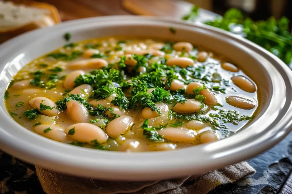 A steaming bowl of white bean soup garnished with fresh parsley and crusty bread on the side