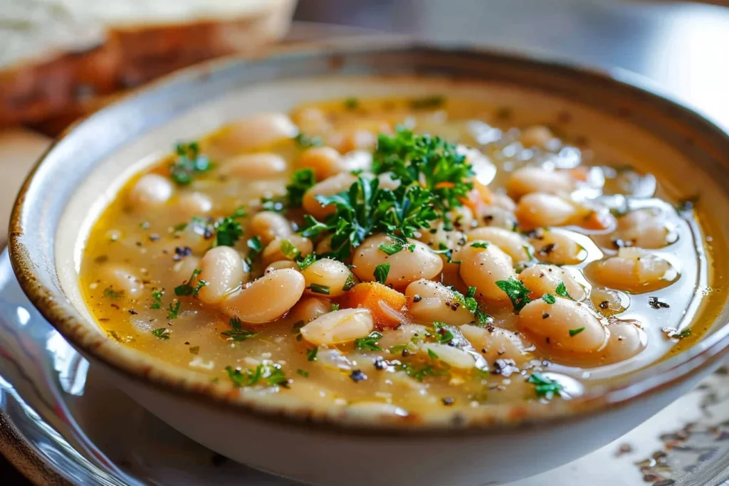 A bowl of creamy white bean soup garnished with fresh herbs and a drizzle of olive oil.