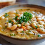 A bowl of creamy white bean soup garnished with fresh herbs and a drizzle of olive oil.