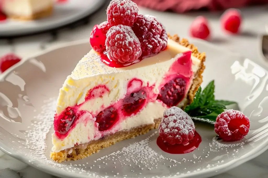 A slice of white chocolate raspberry cheesecake topped with fresh raspberries and white chocolate shavings on a white plate