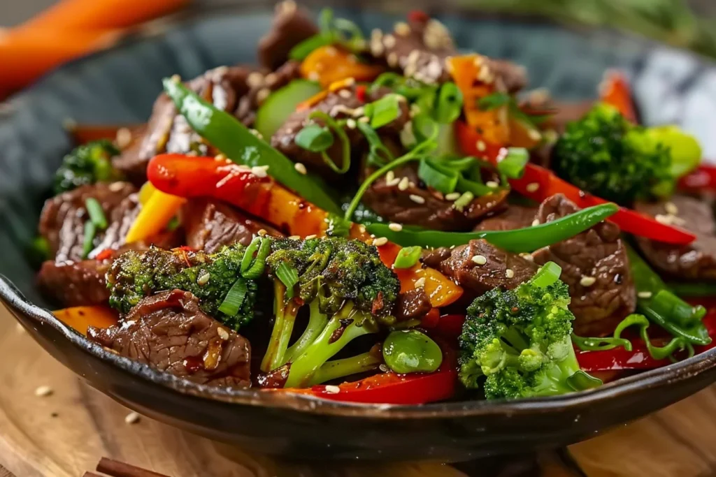 A vibrant whole beef stir fry with colorful vegetables in a skillet