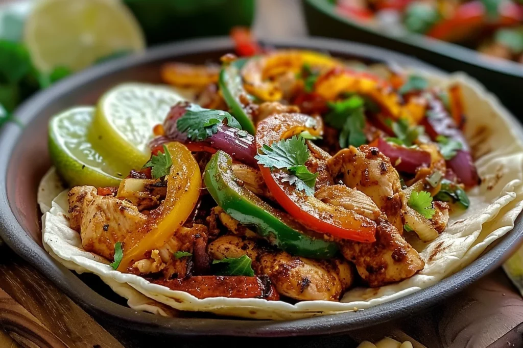 A colorful plate of whole30 compliant chicken fajitas with bell peppers, onions, and avocado slices