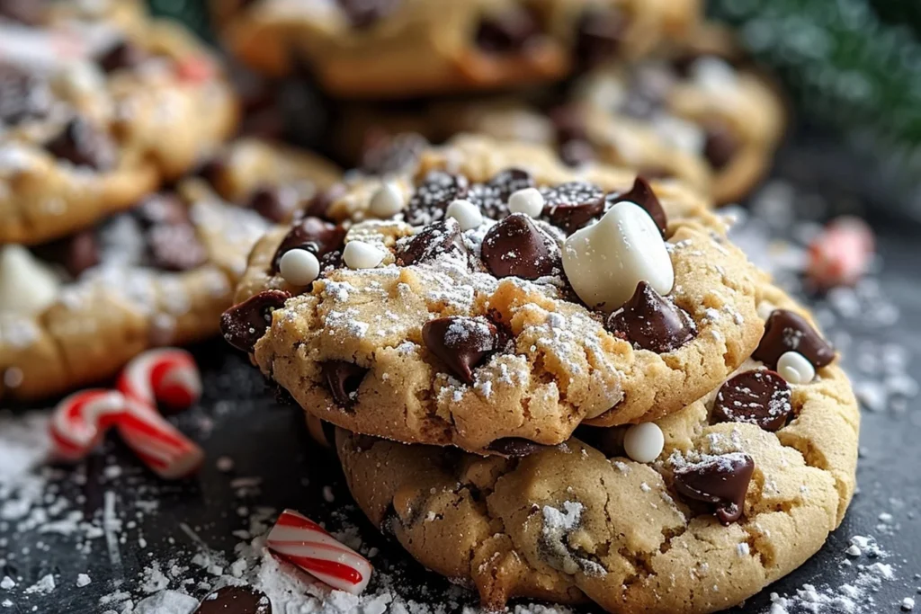 A beautifully arranged plate of winter wonderland chocolate chip cookies with festive decorations