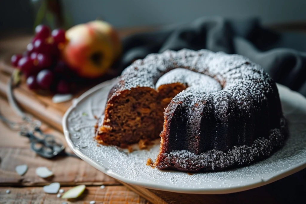 A freshly baked Amish applesauce cake topped with a dusting of powdered sugar and served on a wooden cutting board