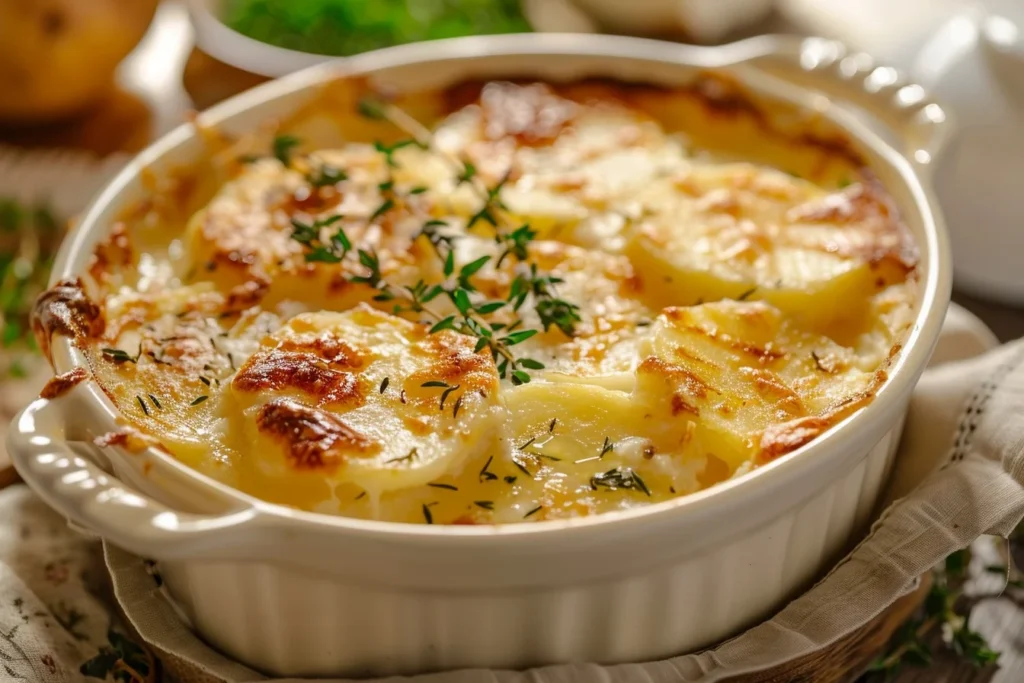 Creamy au gratin potatoes topped with golden-brown cheese and herbs in a baking dish