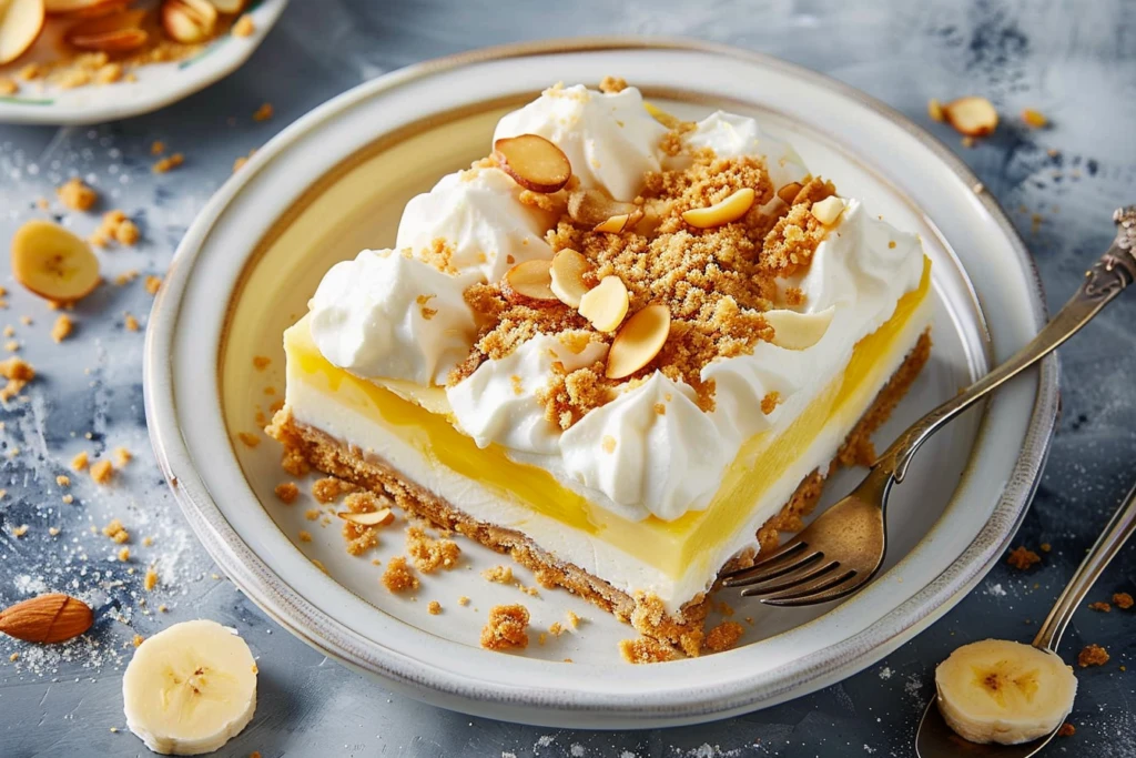A delicious slice of banana cream pie topped with whipped cream and banana slices on a white plate