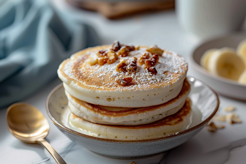 A bowl of creamy banana oat Greek yogurt topped with sliced bananas, oats, and honey
