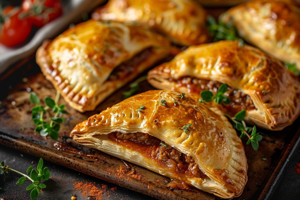 Golden brown beef cheese empanadas arranged on a rustic wooden platter with dipping sauce