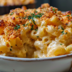 A creamy bowl of Boursin Mac Cheese Ultra topped with herbs and breadcrumbs