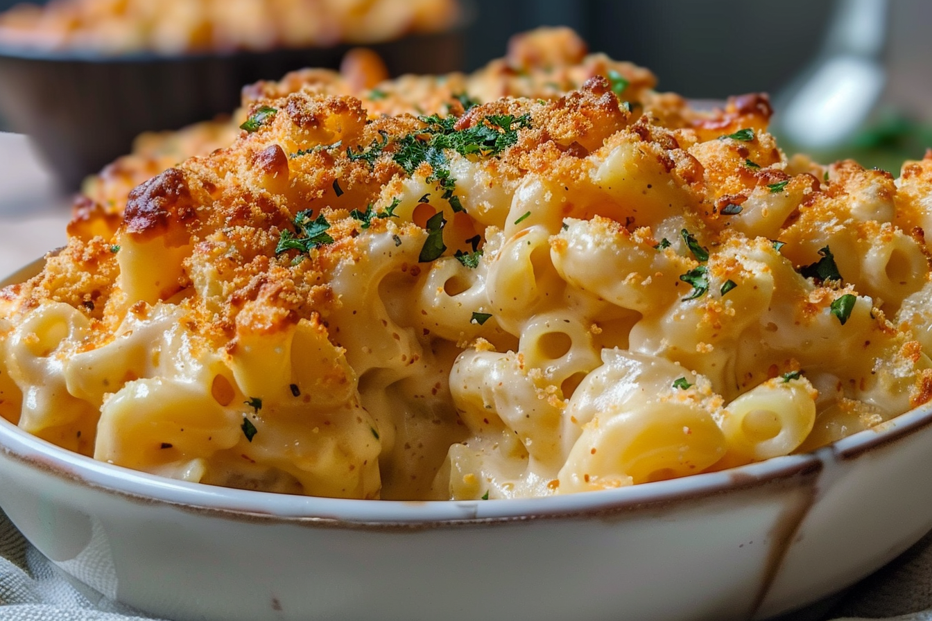 A creamy bowl of Boursin Mac Cheese Ultra topped with herbs and breadcrumbs