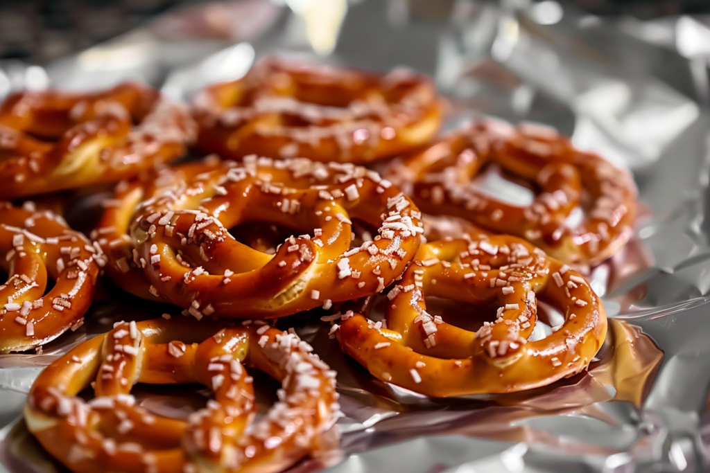 A close-up of butter toffee pretzels drizzled with chocolate and sprinkled with sea salt