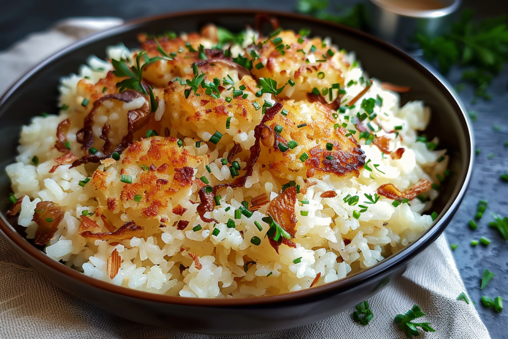A bowl of buttery onion rice delight garnished with fresh herbs and served with a side of vegetables