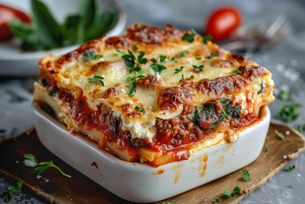 A delicious cabbage roll casserole topped with melted cheese and fresh herbs in a baking dish