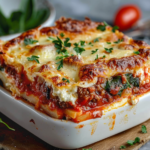 A delicious cabbage roll casserole topped with melted cheese and fresh herbs in a baking dish