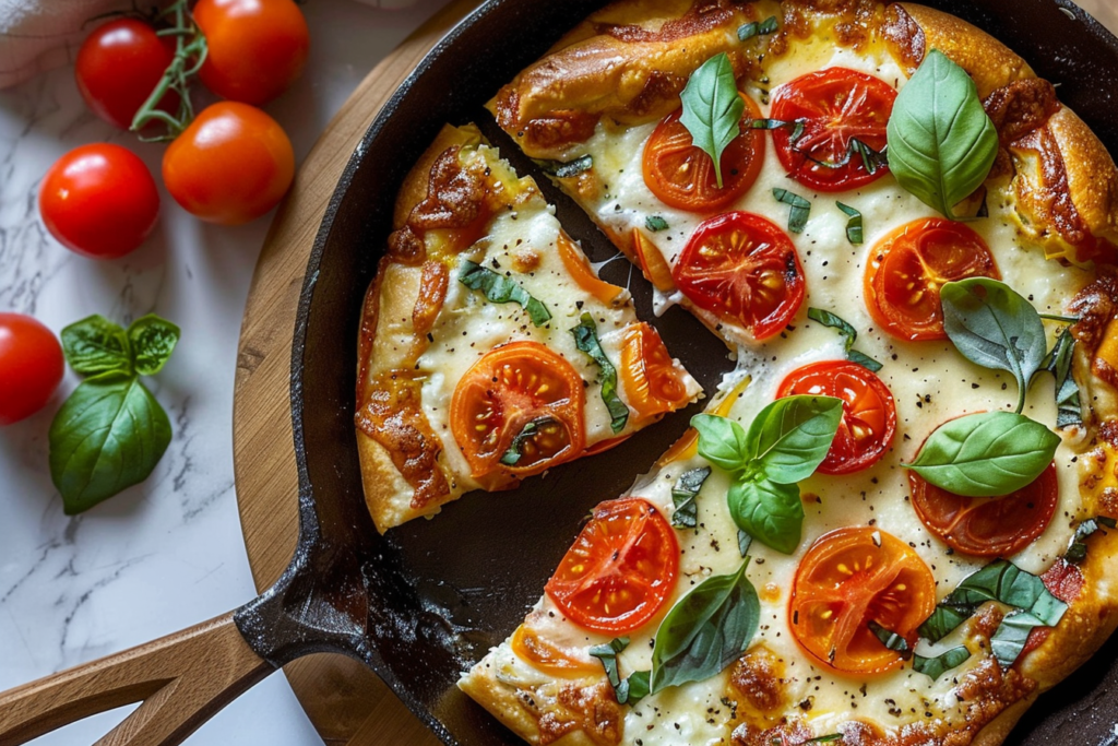 A beautifully plated caprese frittata topped with fresh basil, tomatoes, and mozzarella cheese