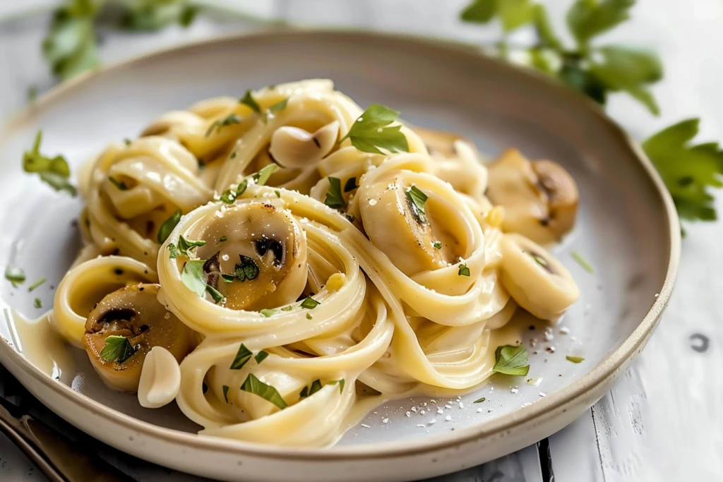 A bowl of caramelized creamy leek pasta garnished with fresh herbs and grated cheese