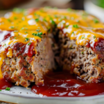 Sliced cheeseburger meatloaf topped with melted cheese and garnished with parsley