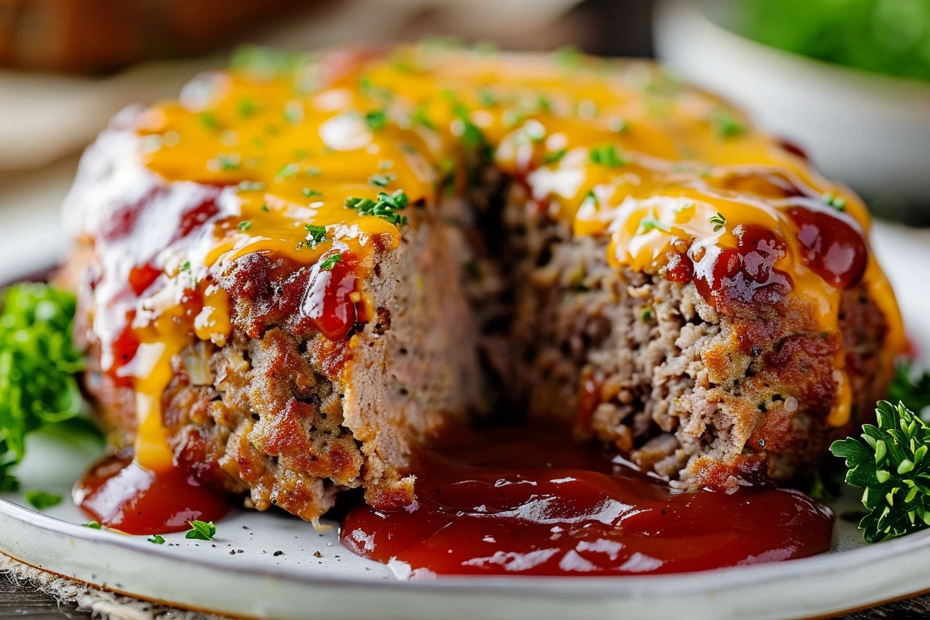 cheeseburger meatloaf recipe: 8 Easy Recipes 1 Sliced cheeseburger meatloaf topped with melted cheese and garnished with parsley
