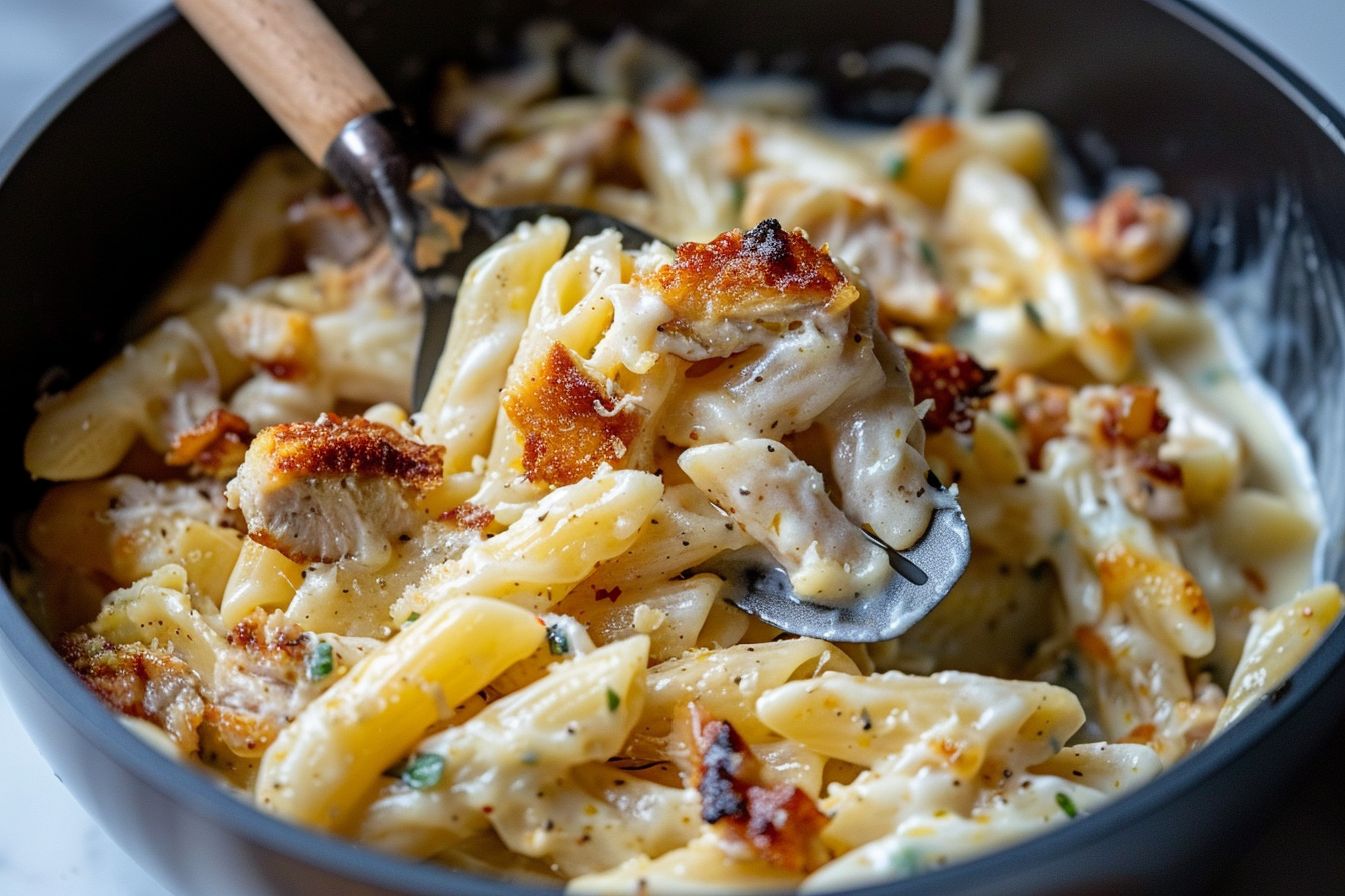 cheesy chicken pasta recipe: 4 Ultimate Party Ideas 1 A creamy cheesy chicken pasta dish garnished with parsley in a white bowl