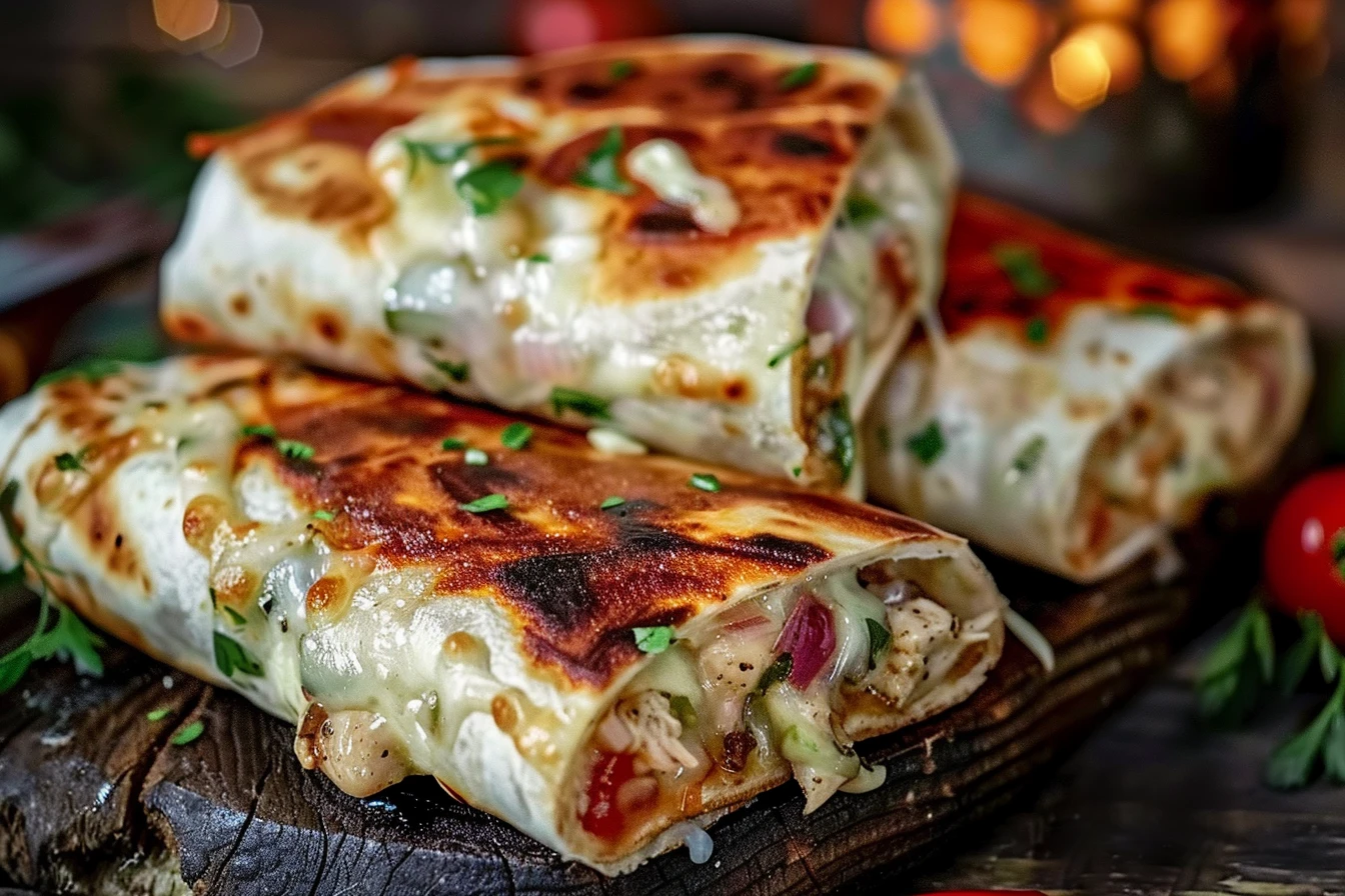 Delicious cheesy garlic chicken wraps filled with grilled chicken, melted cheese, and fresh greens