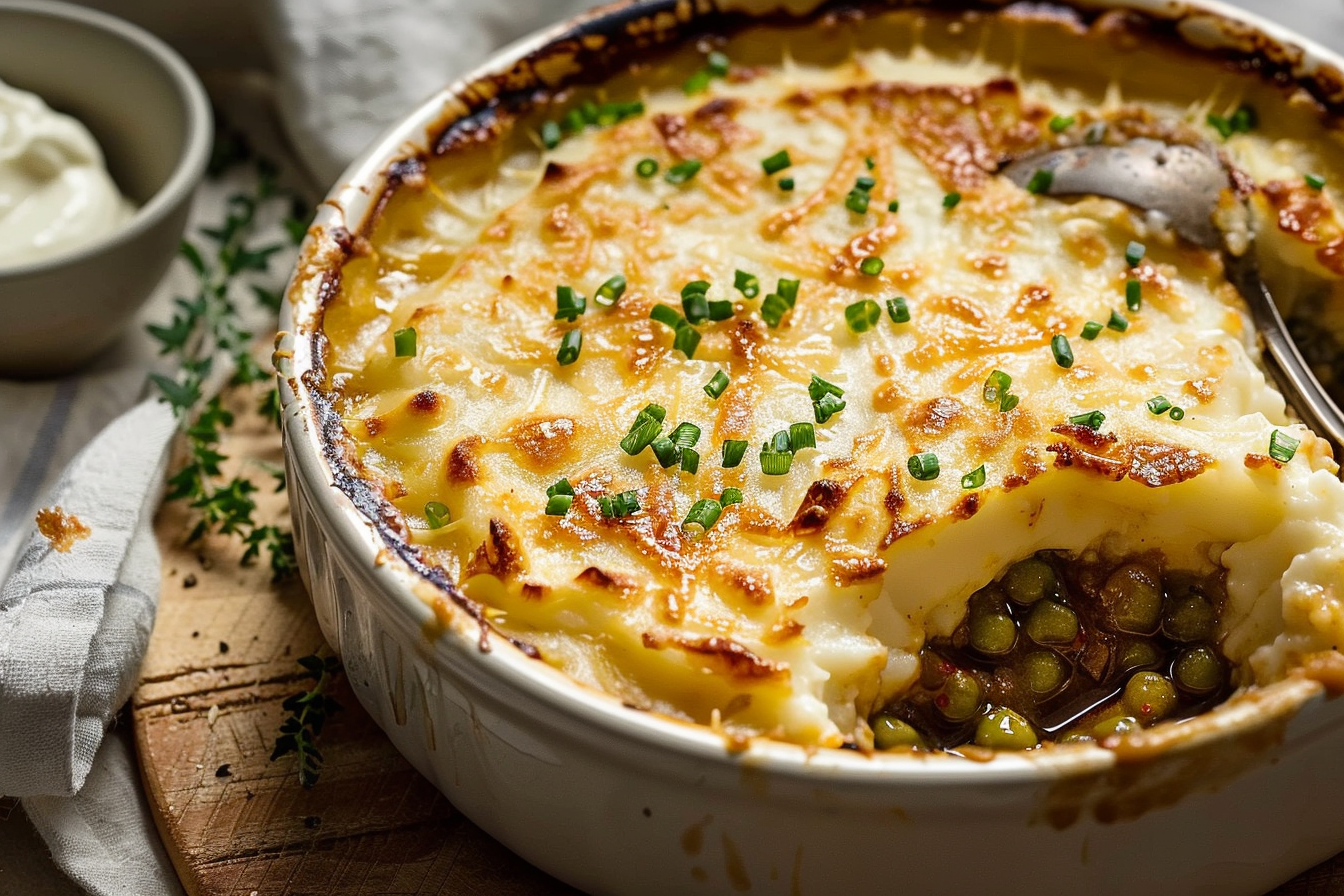 A golden-brown classic shepherd's pie topped with mashed potatoes and garnished with parsley