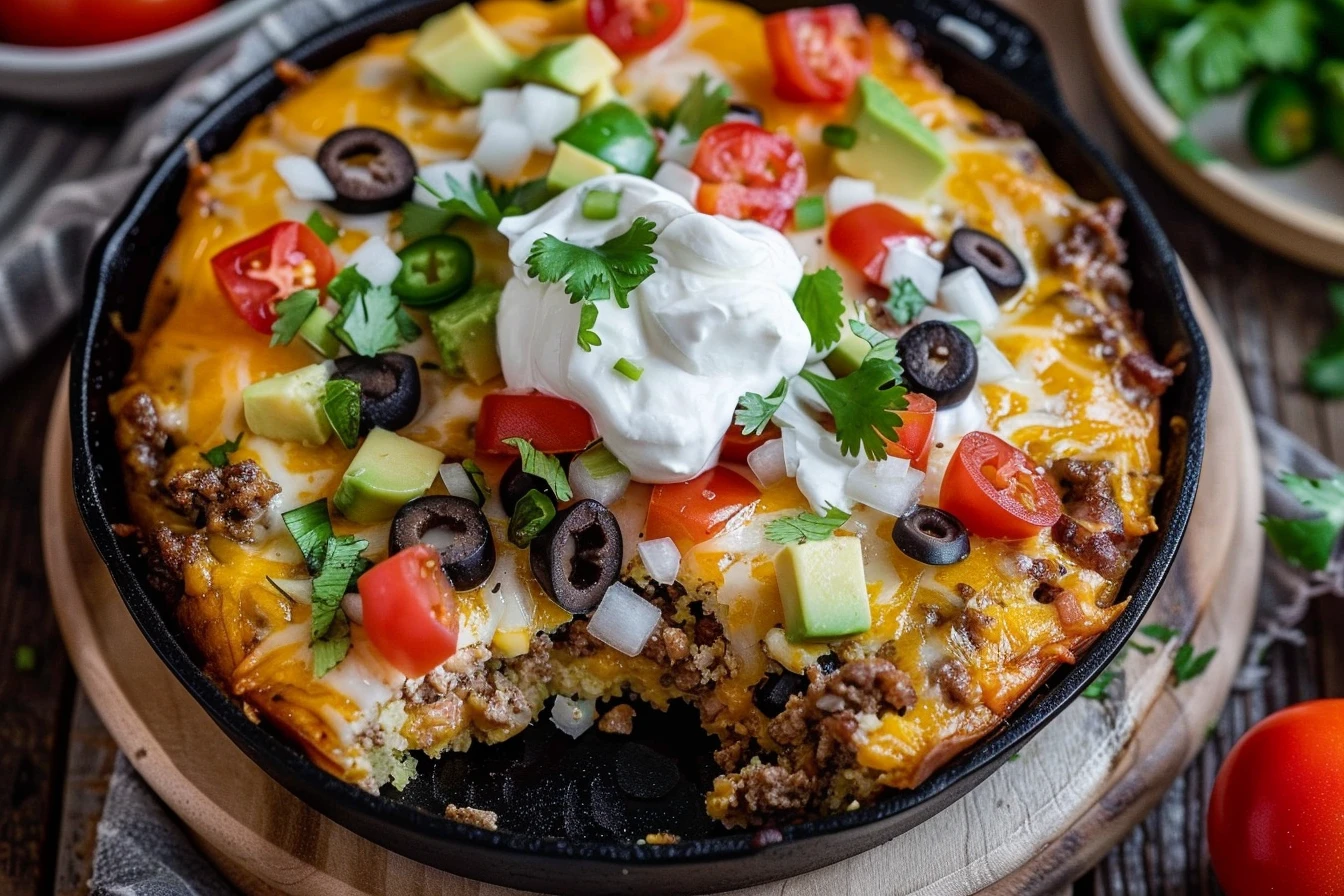 Golden cornbread taco bake topped with melted cheese and fresh cilantro