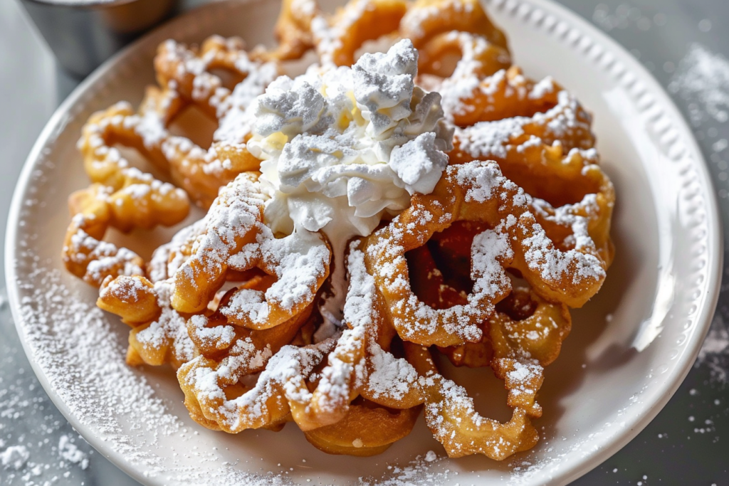 Golden-brown county fair funnel cakes dusted with powdered sugar on a white plate