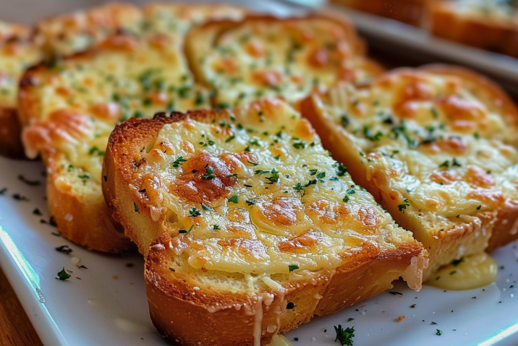 Golden brown slices of creamy cheesy garlic bread topped with melted cheese and herbs