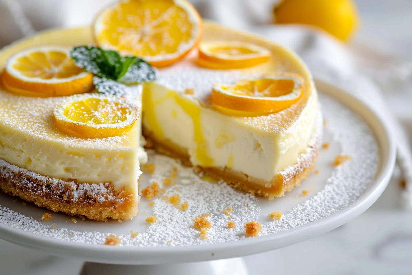 A slice of creamy lemon ricotta cheesecake topped with fresh berries and mint leaves