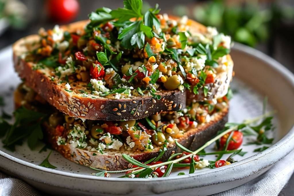 A bowl of creamy olive tapenade topped with crumbled goat cheese, garnished with fresh herbs.