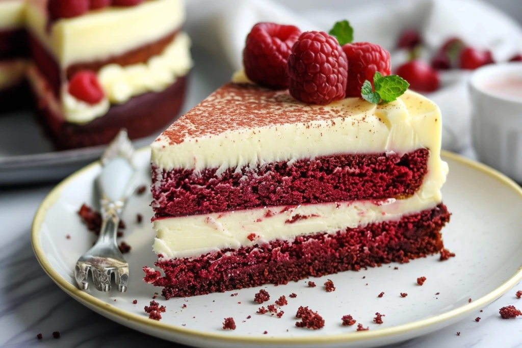 A slice of creamy red velvet cheesecake cake topped with whipped cream and fresh berries on a white plate.