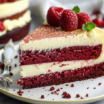 A slice of creamy red velvet cheesecake cake topped with whipped cream and fresh berries on a white plate.